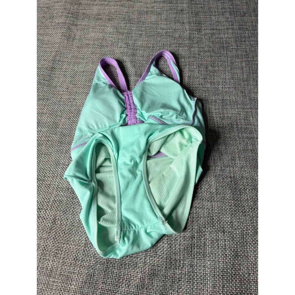 Justice Beach Girls One Piece Swimsuit Purple Mint Ribbed Ruched Halter XL 14/16